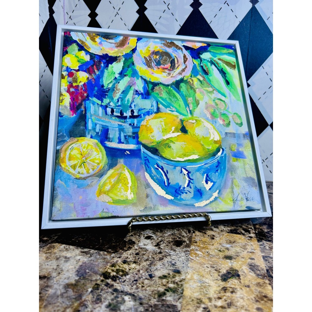 Jeanette Vertentes Floral Canvas Colorful Gold Accent Framed Art 11.5 x11.5"